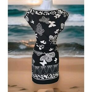 Intermission Mini Dress 10 Black Wht Butterflies Boat Neck Ruched Waist Stretch